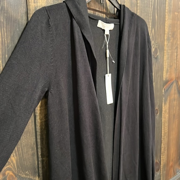 NWT Pointelle Open Cardigan S Black Pockets Hooded Stretch Neutral Boho Cozy - Picture 2 of 9